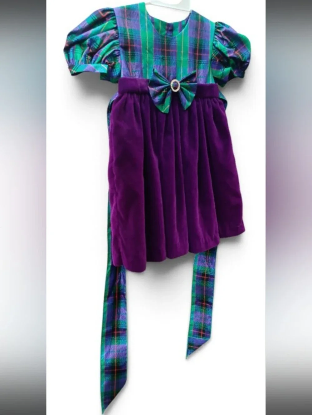 Girls Purple & Green Plaid Holiday Party Dress with Bow